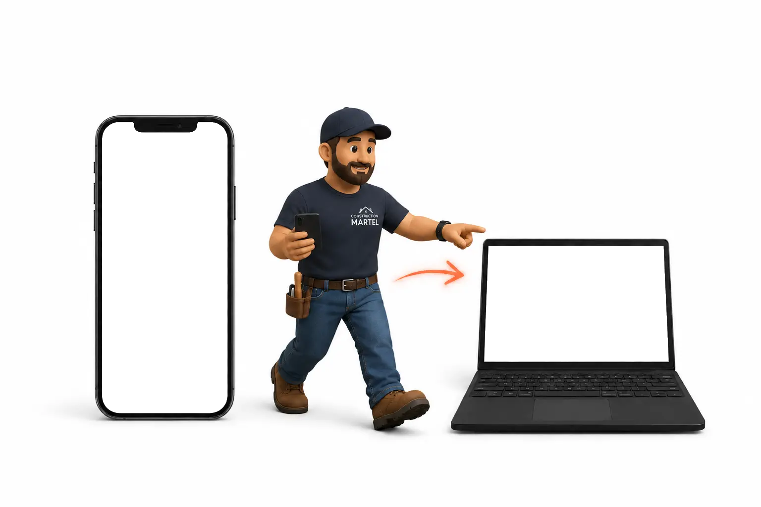 Travailleur de la construction avec l'application Soumio sur téléphone et la soumission générée sur ordinateur