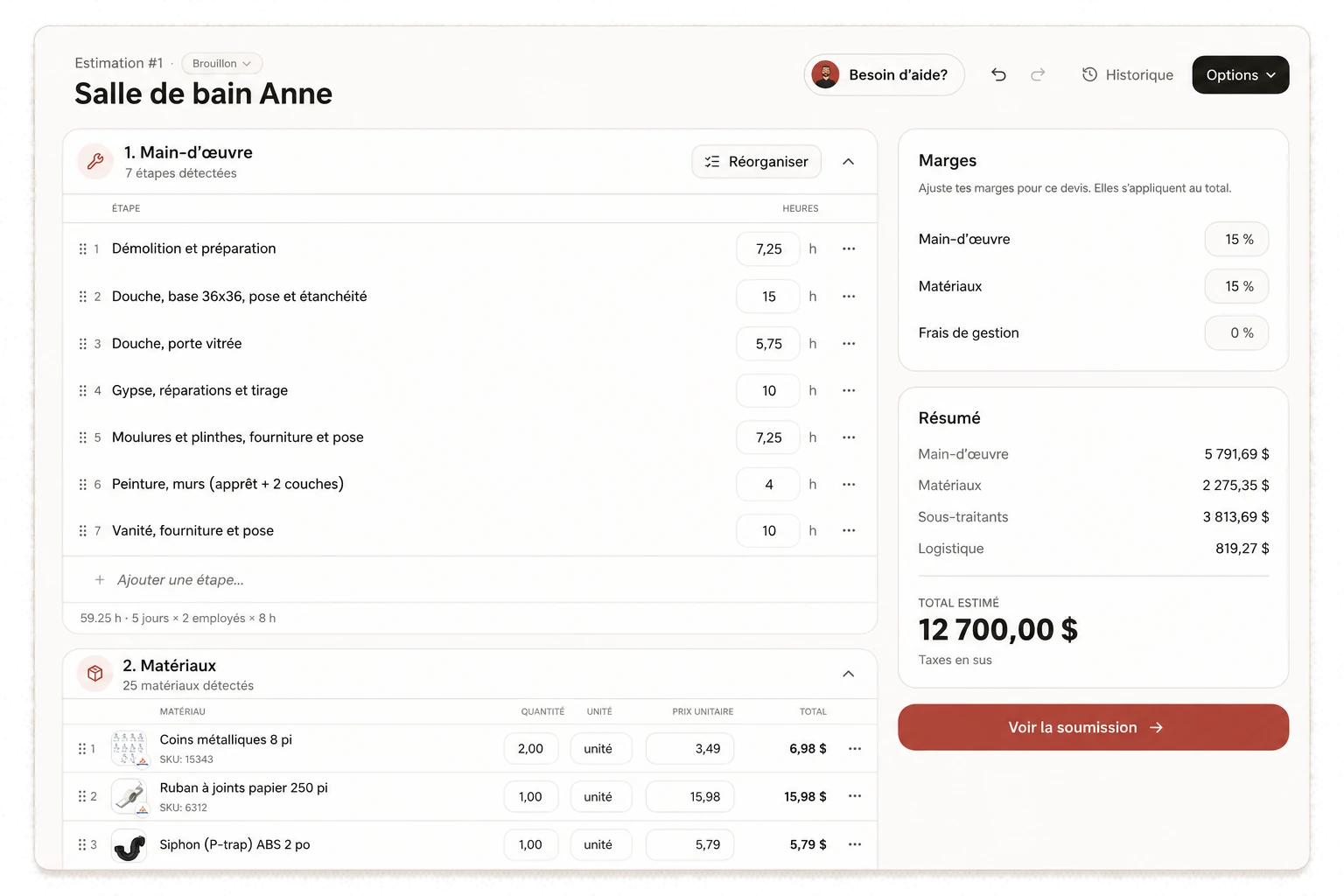 Soumission générée par Soumio à partir des notes de chantier: main-d'œuvre, matériaux, marges et total estimé, prête à être révisée.
